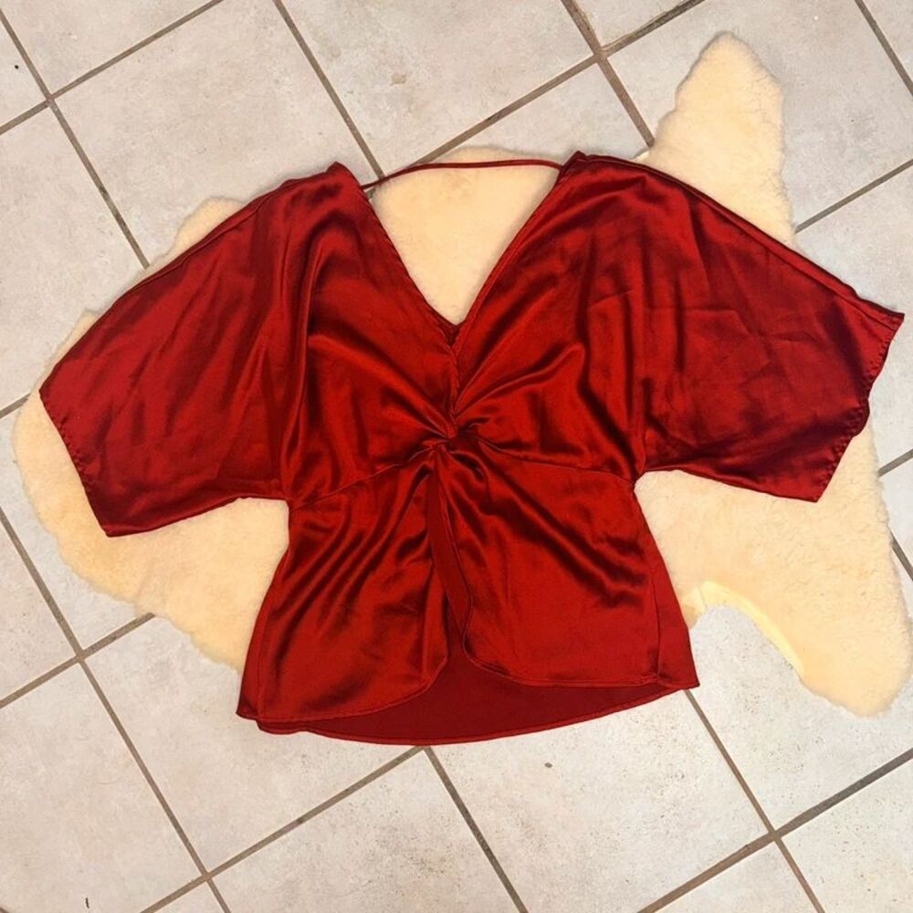 Pleione red satin twist-front short sleeve blouse